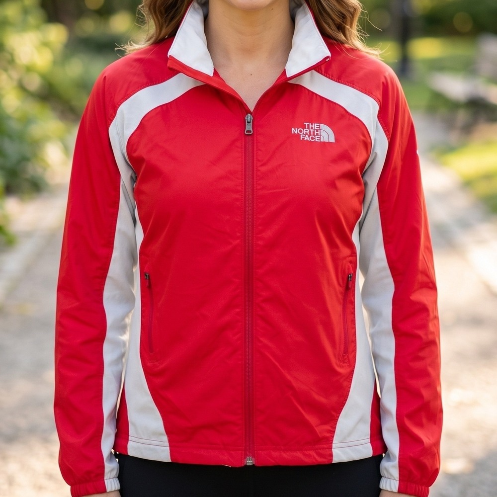 The North Face Womens Red Grey Full Zip Windbreaker Athletic Jacket M